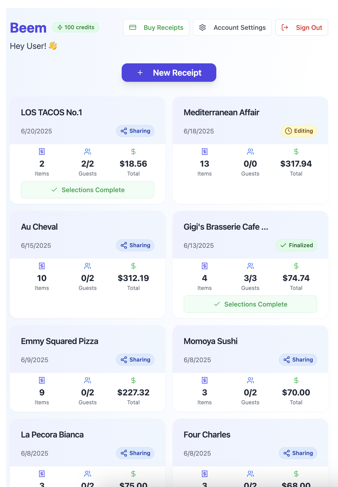 Beem app showing receipt splitting interface